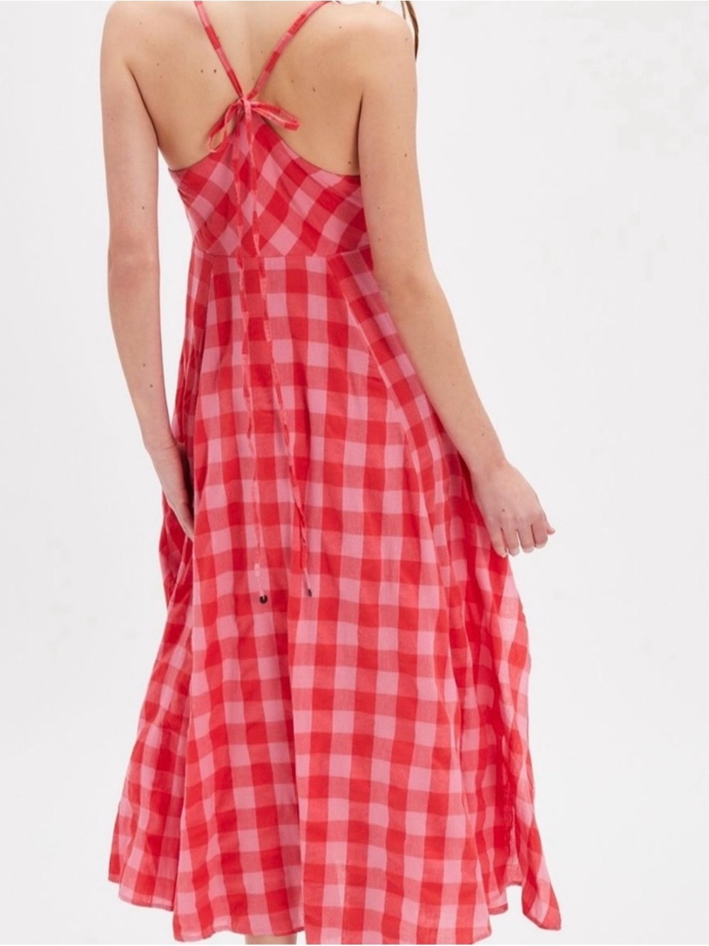 Free People Via Midi Dress Red Combo Everly Large Gingham - Picture 2 of 9